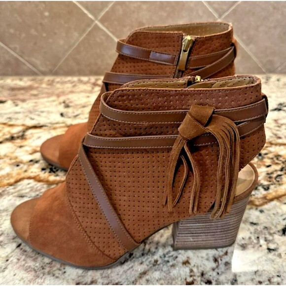 Franco Sarto Shoes - Women's Franco Sarto 'Fina 2' Rust Brown Suede Open Toe Bootie Heel Size 10 M